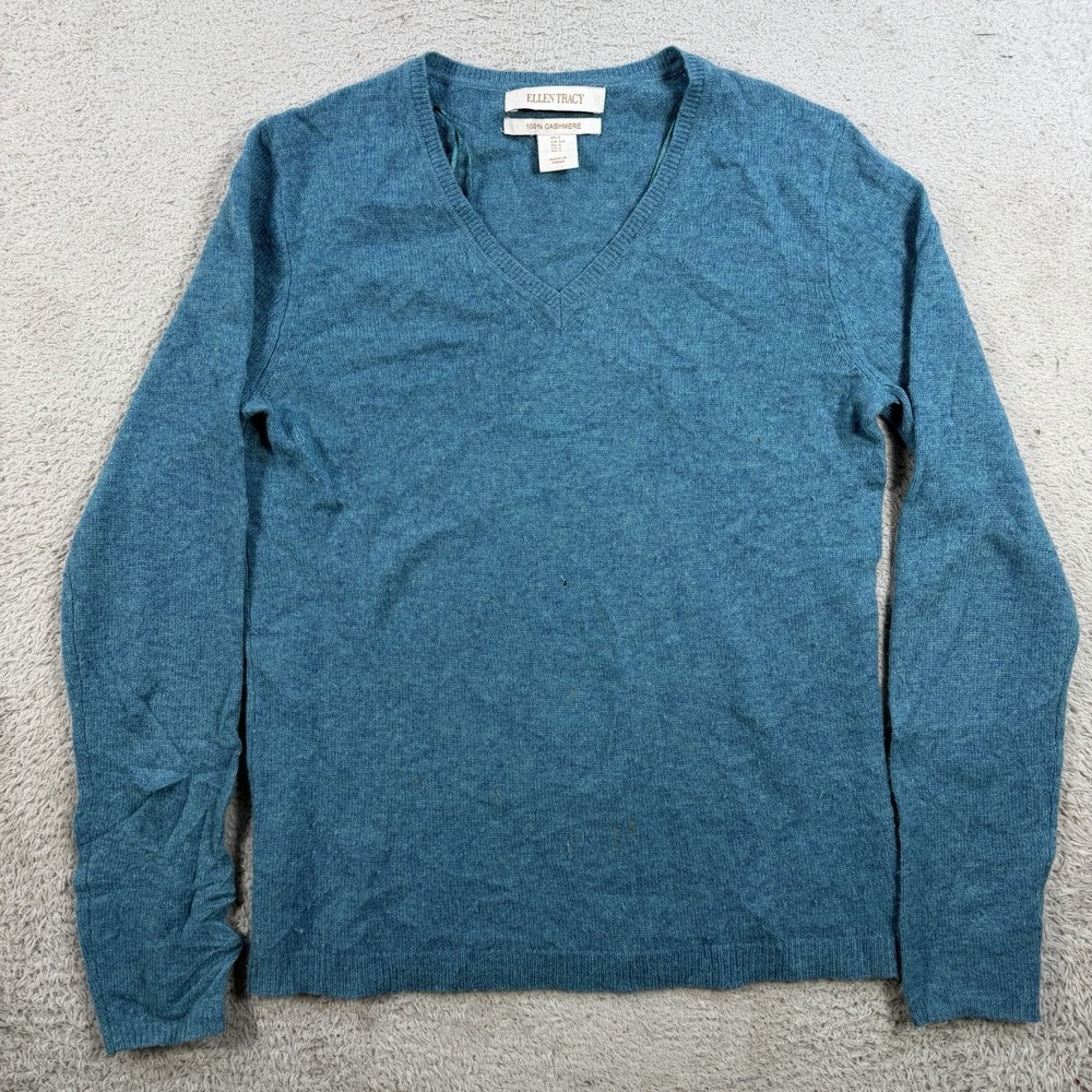 Ellen Tracy Sweater Womens Small Blue 100% Cashmere V-Neck Pullover Soft